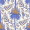 Tropical floral seamless pattern in indian styly. Stylized fantastic flowers and branches in rows and lines.