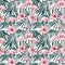 Tropical flower, Palm leaves and flamingo bird watercolor summer Seamless pattern. Exotic background hand drawn flora