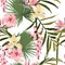 Tropical flower pink hibiscus, orchids and others exotic flowers. Beach wallpaper seamless pattern.