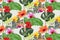 Tropical flower vector pattern, repeating floral and leaves of orchids, Hibiscus flowers, wild orchids