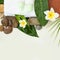 Tropical flowers, bowl of water, towel, stones