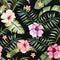 Tropical flowers composition black background seamless
