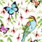 Tropical flowers, exotic bird and bright butterflies. Seamless floral pattern. Watercolour