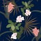 Tropical flowers and leaves on dark summer night seamless pattern