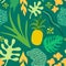 Tropical Flowers and Leaves Pattern. Pineapples Retro Seamless Trendy Background Memphis Style. Summer Jungle Nature Design]