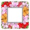 Tropical flowers and palm leaves in floral composition in square form with sticker-copy space on top.