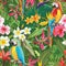 Tropical Flowers and Parrots Seamless Floral Summer Pattern