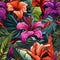 Tropical flowers seamless pattern with hibiscus, orchids, and frangipani in bold contrasting colors