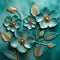 Tropical Flowers In Teal: Colorful Woodcarving-inspired Photorealistic Compositions