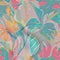 Tropical flowers textured 3d seamless pattern. Floral embossed leafy background. Colorful watercolor backdrop. Line art flowers,