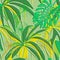 Tropical flowers textured 3d seamless pattern. Floral embossed leafy background. Grunge colorful modern backdrop. Line art