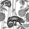 Tropical Flowers, Vines, Leaves and Chameleon. Floral seamless pattern