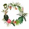 Tropical flowers wreath. Greeting card template. Design artwork for the poster, tee shirt, pillow, home decor.