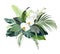 Tropical forest flowers and leaves vector design bouquet. White orchid, monstera, green anthurium