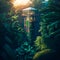 Tropical forest and glass elevator fantastic scene, generative AI