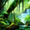 Tropical forest. Landscape with waterfall and river with tree trunks and green