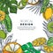 Tropical frame with palm leaves, lemon, lime, orange. Vector illustration. Poster, banner or greeting card template.