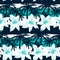 Tropical frangipani with palms and stripes seamless pattern