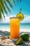 Tropical freshness orange juice or cocktail on sunny beach under palm shadow. Generative AI