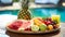 Tropical Fruit Delight: Vibrant Assortment of Pineapple, Watermelon, and Kiwi on Colorful Tray
