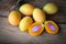 tropical fruit Name in Thailand Sweet Yellow Marian Plum Maprang Plango or Mayong chid, Marian plum fruit and leaves in plate on