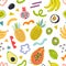 Tropical fruit pattern, seamless vector background, colorful handdrawn summer fresh food. Pineapple, papaya and avocado