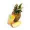 Tropical fruit pineapple, glass juice on white background.