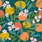 Tropical fruit seamless pattern. Citrus tree in hand drawn style. Vector fabric design with oranges, lemons and flowers