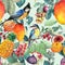 Tropical fruits and birds lush seamless pattern: mango, pineapple, orange fruit, exotic leaves. Watercolor bright jungle