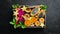 Tropical Fruits - Cactus and dragon fruit on a wooden background. Top view.