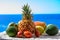 Tropical fruits collection, custard apple or green ripe cherymoia, passion fruit, pineapple, mango, tamarillo, avocado exotic
