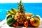 Tropical fruits collection, custard apple or green ripe cherymoia, passion fruit, pineapple, mango, tamarillo, avocado exotic