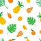 Tropical fruits and leaves seamless pattern. Cute summer background with pineapples, lemon slices and oranges, monstera