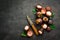 Tropical fruits, Mangosteen on a wooden background. Top view.