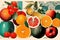 Tropical fruits and mixed berries collage. Retro grunge typographic food poster. Generative AI