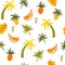 Tropical fruits and palms seamless pattern. Palm, leaves, bananas, pineapples. Summer fun hand drawn background. Great for