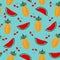 Tropical fruits, pineapple, watermelon, cherry seamless pattern on turquoise background.