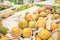 Tropical fruits for sale: papayas, mangoes, pineapples, bananas, melons