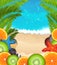 Tropical fruits on sea background