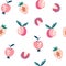Tropical fruits seamless pattern. Peaches, lychees and apples. Sweet food abstract background. Perfect for printing on packaging