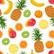 Tropical fruits seamless pattern. Pineapple, orange, mango, kiwi and banana on a white background.