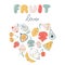 Tropical fruits in the shape of a heart template with the inscription fruit lover. A cute baby print in a pastel palette