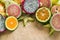 Tropical fruits tangerine, guava, dragon fruit, star fruit, sapodilla on the wooden background.