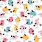 Tropical funny birds seamless pattern. Vector colorful parrots in simple flat hand-drawn cartoon style. Perfect for baby textile,