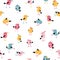 Tropical funny birds seamless pattern. Vector colorful parrots in simple flat hand-drawn cartoon style. Perfect for baby textile,