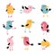 Tropical funny birds. Vector colorful parrots in simple flat hand-drawn cartoon style. Colorful isolate characters on a