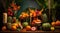 Tropical Fusion, Halloween home decor. Festive composition with pumpkins adorned with exotic fruits, leaves, and flowers