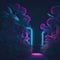 Tropical Futuristic Sci-Fi Garden, Party Club dance Mood, Retro Feeling With Neon Tube Lights Trough Palm Tees, Beach, Generative