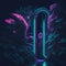 Tropical Futuristic Sci-Fi Garden, Party Club dance Mood, Retro Feeling With Neon Tube Lights Trough Palm Tees, Beach, Generative