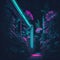 Tropical Futuristic Sci-Fi Garden, Party Club dance Mood, Retro Feeling With Neon Tube Lights Trough Palm Tees, Beach, Generative